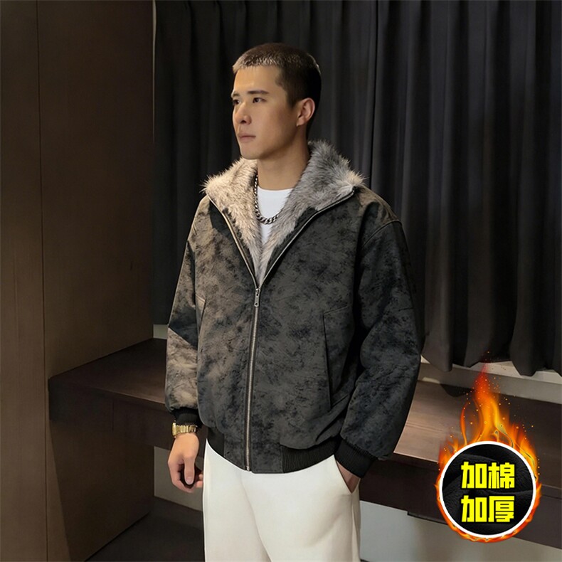 现货高品质美式高街重磅座山雕毛毛领pu皮棉衣男女加厚棉服冬外套，男装皮衣，电商A486