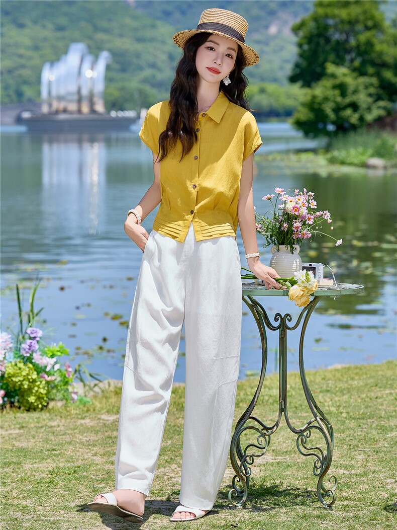 设计感天丝亚麻套装女2026夏季新款翻领收腰气质上衣透气直筒裤,女装套装/套裙,梦懿尔