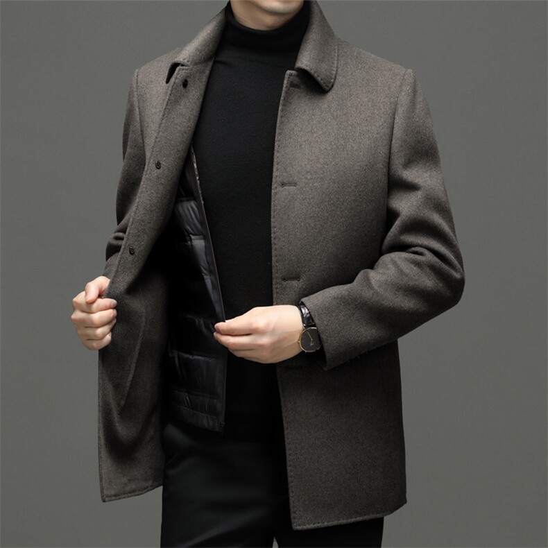 高端可脱卸90%鹅绒内胆中老年山羊绒大衣男士绵羊毛双面呢外套，男装毛呢大衣，钱塘723