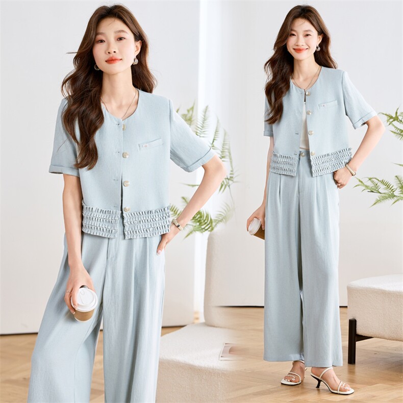 休闲通勤时尚套装女2025夏季新款木耳边圆领上衣阔腿长裤两件套，女装套装/套裙，辉之琳