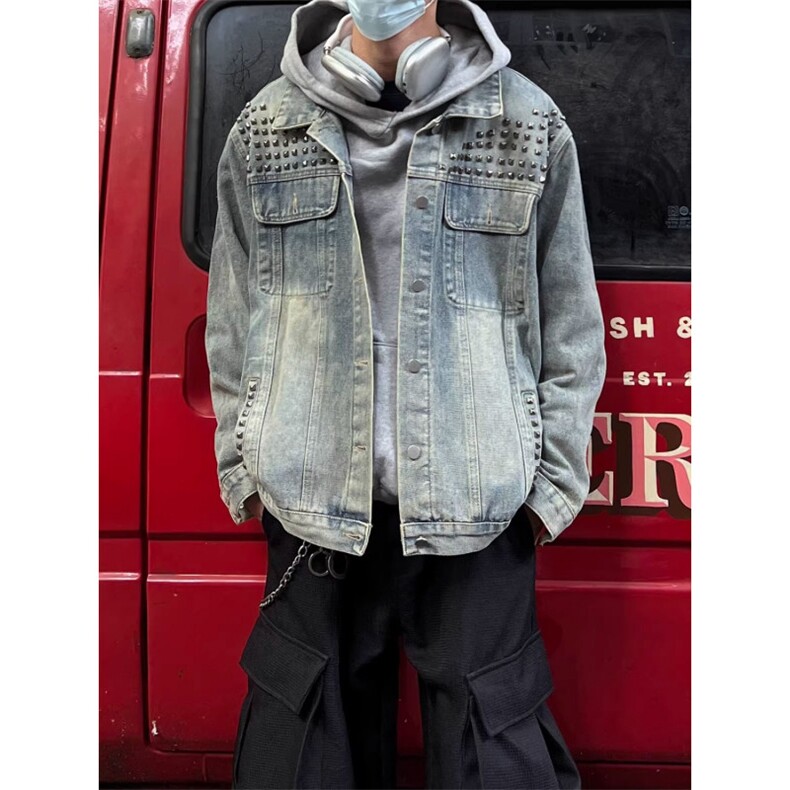 铆钉牛仔外套男女bf设计感小众宽松廓形做旧夹克上衣水洗JK8644，男装工装外套，星座516A