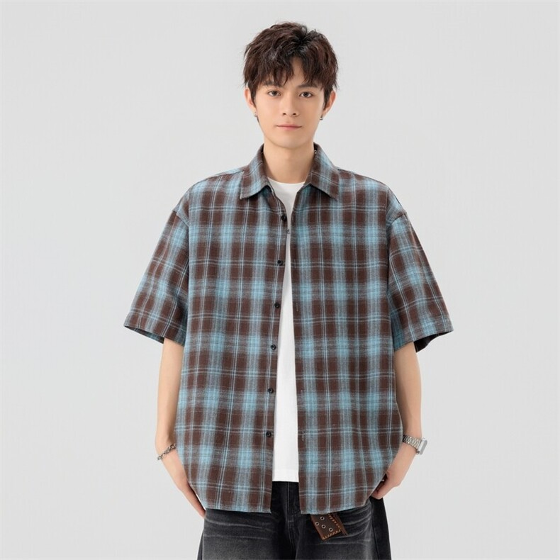 GENIOLAMODE夏季短袖衬衫男美式格纹复古新款宽松休闲高级感衬衣,男装T恤,电商C323-1
