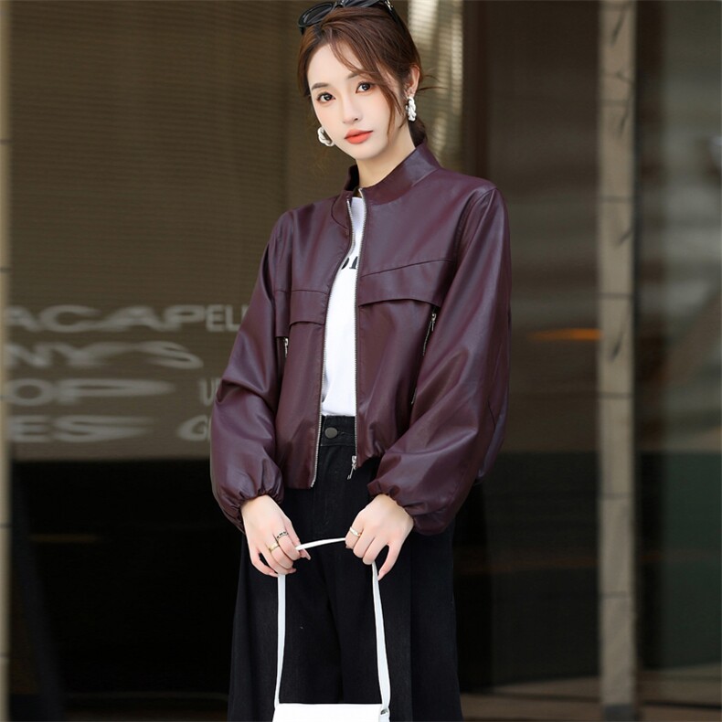 2024新款秋宽松显瘦休闲皮衣夹克中古机车立领外套女红夹克,女装皮衣,欧兰熙
