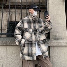 美式复古毛呢男女宽松格纹加毛翻领外套XZ225-3-MF03-P138控178，男装棉衣，星座225-3