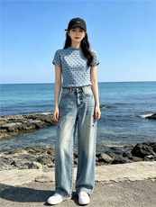 时尚休闲减龄套装女夏季新款波点短袖上衣高腰阔腿牛仔裤两件套潮，女装套装/套裙，江南