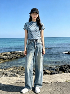 时尚休闲减龄套装女夏季新款波点短袖上衣高腰阔腿牛仔裤两件套潮图片