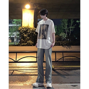 欧美hiphop街头破洞牛仔裤直筒微喇叭修身vibe美式乞丐裤潮牌图片