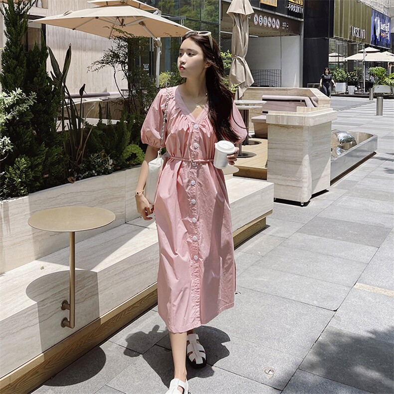 2024新款现货粉色宽松V领长裙212A-628-P115-K168,女装连衣裙,浙宝212A