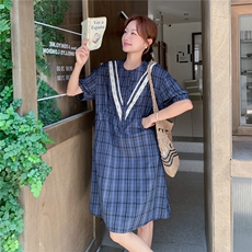 蕾丝拼接蓝色格子连衣裙女夏2025新款森系复古小个子衬衫裙爆款，女装连衣裙，2C323