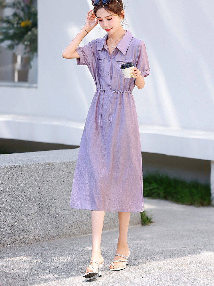 莱赛尔天丝连衣裙女2025新款夏季中长款高级感收腰减龄衬衫a字裙,女装连衣裙,梦芯尔