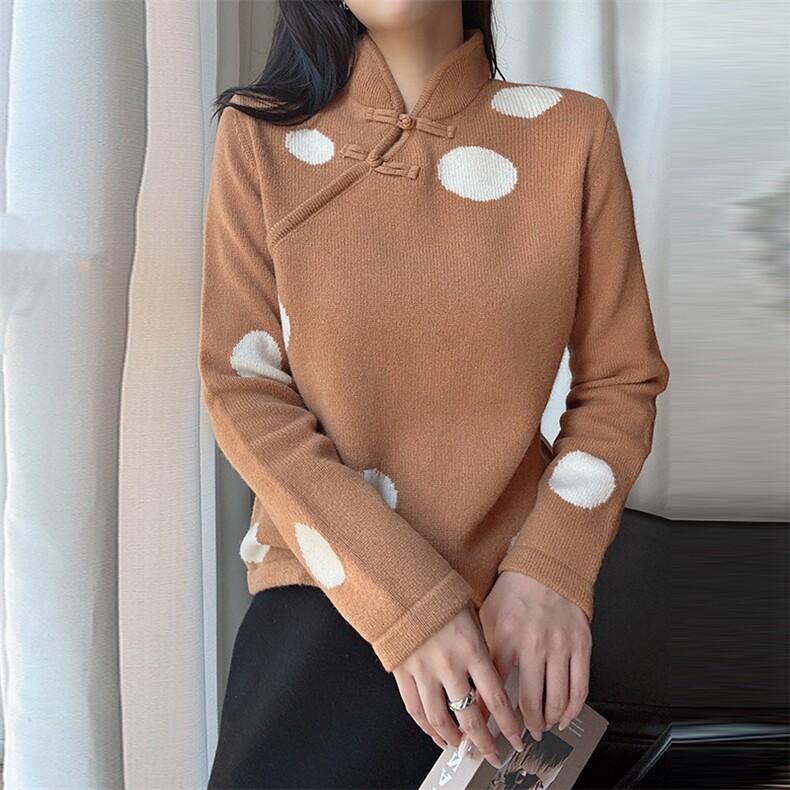 时尚波点羊毛女士毛衣优雅立领设计温暖舒适秋冬，女装羊毛衫，臻纶羊绒