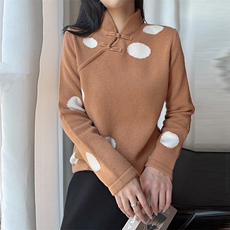 时尚波点羊毛女士毛衣优雅立领设计温暖舒适秋冬，女装羊毛衫，臻纶羊绒