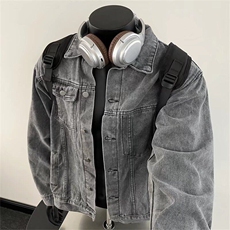 美式复古浅灰色牛仔夹克男水洗做旧宽松百搭外套W013-310B-1-P55，男装工装外套，星座310B-1
