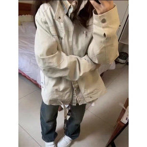 W9309-P68网图现货美式复古哈灵顿短款牛仔衣外套拉链日系宽松型,沙漏型身材 颜色搭配图片