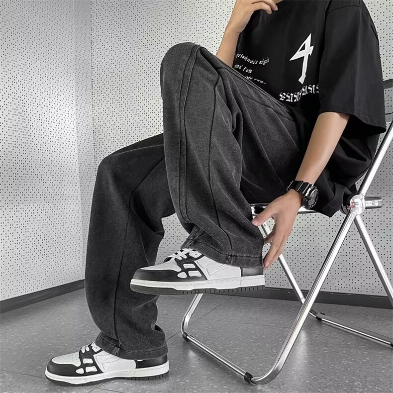 vibe高街黄泥色牛仔裤男美式水洗做旧男生宽松直筒长裤HK107P50,男装牛仔裤,星座1116-2