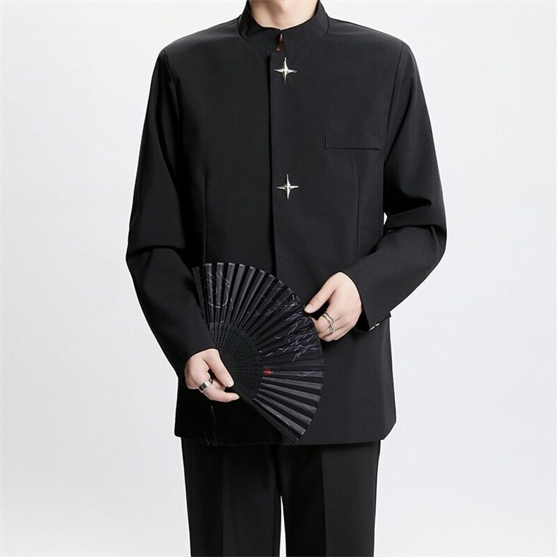新中式西装外套男设计感金属扣垫肩西服立领中山装W6595-P62,男装西服套装,星座412-2