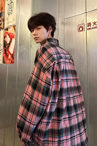 8XL-M印花黑粉格子衬衫男美式复古款式修饰衬衣外套情侣CS523P45图片