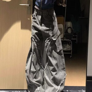 7802-P59 嘻哈潮牌破洞复古做旧长裤美式高街宽松拖地微喇叭图片