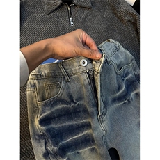 美式蓝色直筒微喇水洗牛仔裤男士裤子斜切弯刀裤HS4139P45，男装牛仔裤，星座1112-1