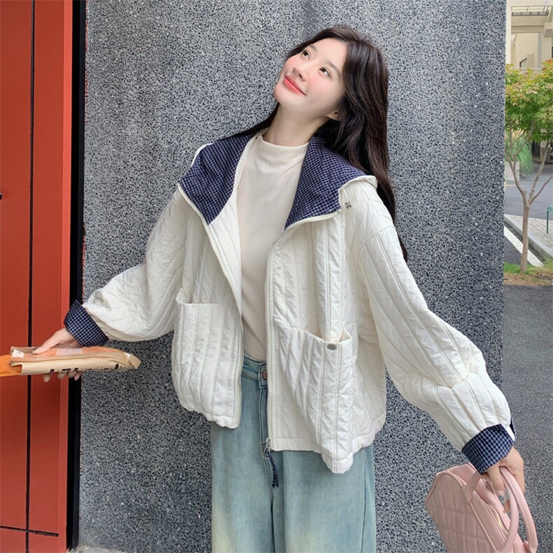 米白色条纹连帽棉服女2025年冬季新款韩版小个子宽松休闲棉衣外套,女装短外套,2C129