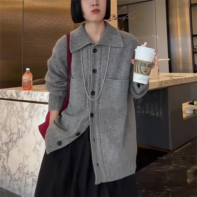 秋冬新款纯色针织翻领单排扣开衫时尚百搭,针织衫/毛衣,泰沅羊绒