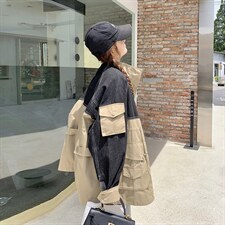现货主推牛仔拼色时尚中长款外套，女装风衣，菡迪欧娜