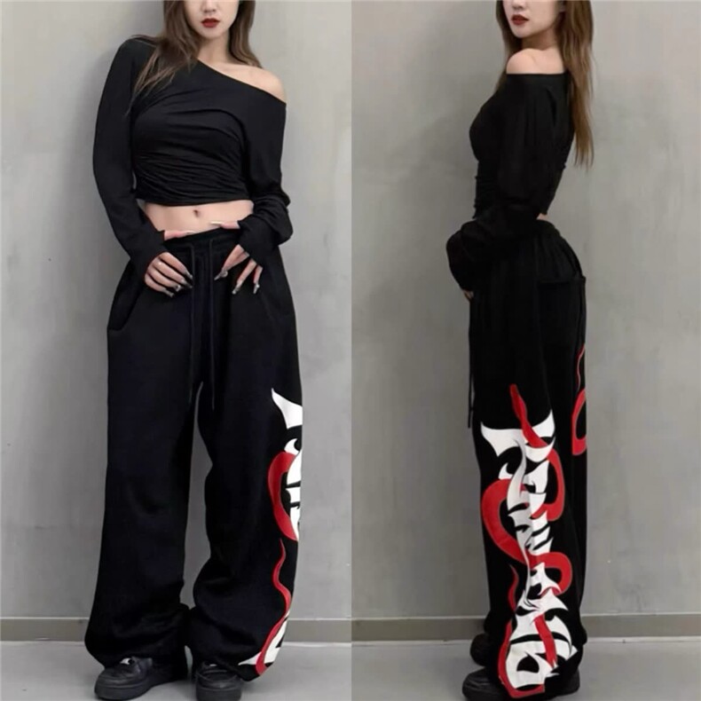 松紧腰青少年男女潮牌直筒宽松阔腿长裤美式复古水洗休闲裤子秋季图片