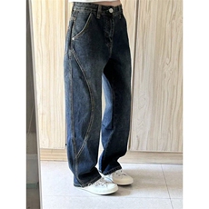 CP1171-P44拼接水洗牛仔裤男装美式复古直筒做旧宽松阔腿长裤，男装牛仔裤，电商B323A