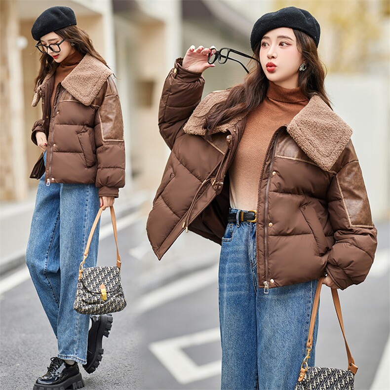现货2023年冬季新款羊羔绒PU皮拼接加厚羽绒服大翻领宽松短外套女,女装羽绒服,仟媚宠
