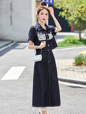 2025夏季新款时尚气质蕾丝拼接牛仔复古洋气套装裙，女装套装/套裙，妙形