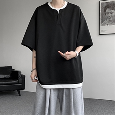 8XL-M重磅斜纹假两件短袖t恤男夏季薄款宽松大码半袖体恤DT006P45，男装T恤，电商B312
