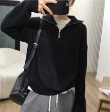 欧货半开拉链高翻领纯羊绒衫女加厚套头针织毛衣秋冬羊毛宽松上衣，女装羊毛衫，隆格羊绒