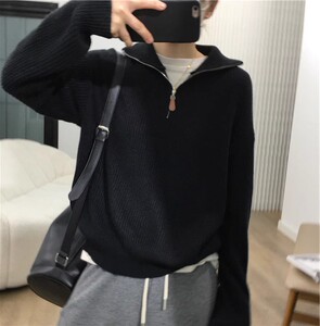 欧货半开拉链高翻领纯羊绒衫女加厚套头针织毛衣秋冬羊毛宽松上衣图片