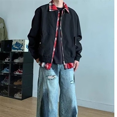 美式复古格子拼接假两件夹克男女设计感情侣工装外套HH887P68，男装夹克，星座1013-5