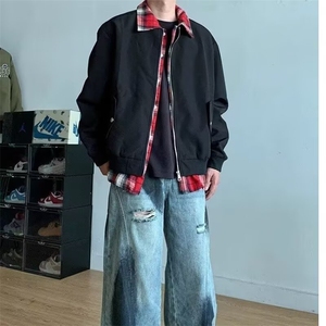 美式复古格子拼接假两件夹克男女设计感情侣工装外套HH887 P68图片