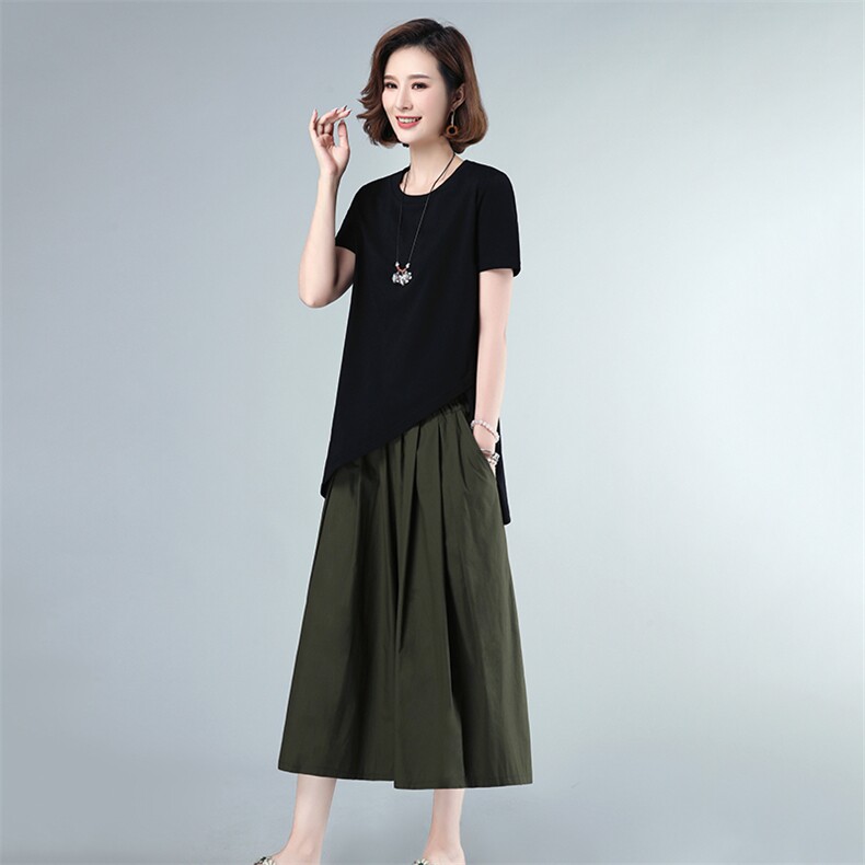 2021年夏季新款连衣裙女中长款短袖T恤半身裙子套装女休闲两件套，女装套装/套裙，简韵佳