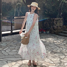 高级感海边度假扎染印花无袖露肩挂脖长裙女夏新款温柔茶歇连衣裙，女装连衣裙，浙宝305
