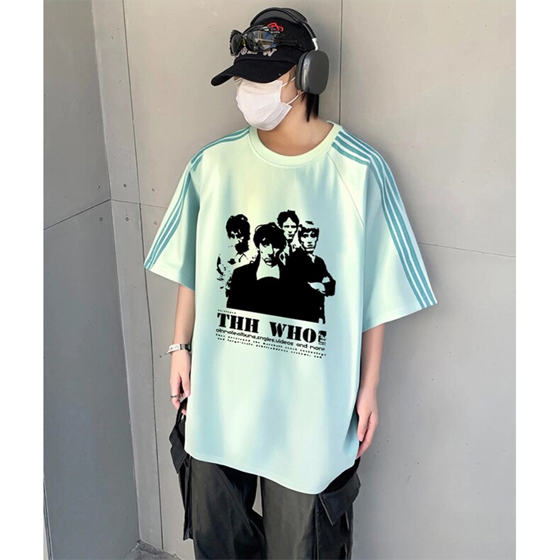 抖音得物品质二开240克宽松纯棉美式潮牌印花三条杠中性风短袖T恤,男装T恤,电商A486-1