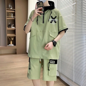 男士休闲套装夏季薄款连帽宽松短袖t恤一套日系短裤五分裤衣服潮图片