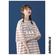 中性夏季条纹撞色印花卡通图案圆领情侣短袖T恤T864P35控48，女装T恤，A247A
