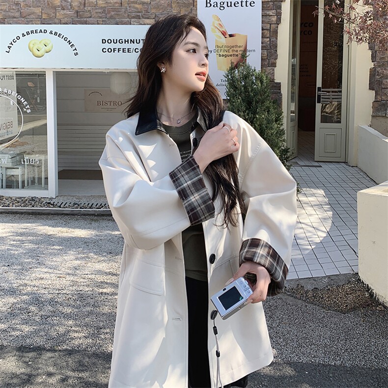 撞色卡其色格子风衣外套女2025春秋新款韩系小个子高级感翻领大衣,女装风衣,2C127