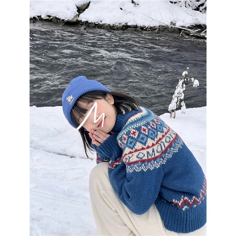 费尔岛拉链慵懒风蓝色毛衣外套女秋冬季2025新款复古针织开衫上衣,男装针织衫/毛衣,星座506A