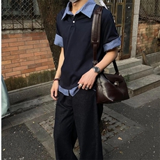 得物抖音高品质二开夏季美式潮牌高街假两件格子衬衣翻领短袖T恤，男装T恤，电商A486