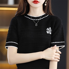 夏季冰丝短袖上衣t恤薄款针织小衫，女装针织衫/毛衣，美吧服饰