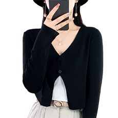 时尚百搭黑色V领仿羊毛开衫显瘦修身短款针织衫外套，女装针织衫/毛衣，暖姿羊绒
