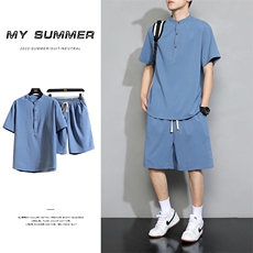 夏立领复古风潮短袖套装休闲纯色棉麻亚麻韩版两件套TZ999-P45，男装休闲套装，电商A128