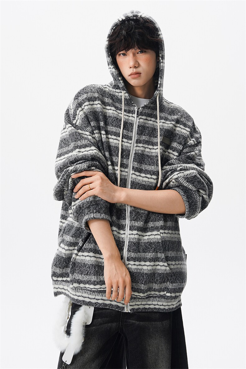 8XL-M潮情侣美式磨毛编织条纹针织衫卫衣宽松拉链外套WY30P88,男装针织衫/毛衣,电商D206-1