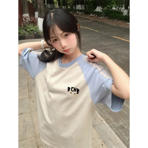 抖音得物品质二开240克宽松纯棉美式潮牌插肩三杠织带短袖T恤图片