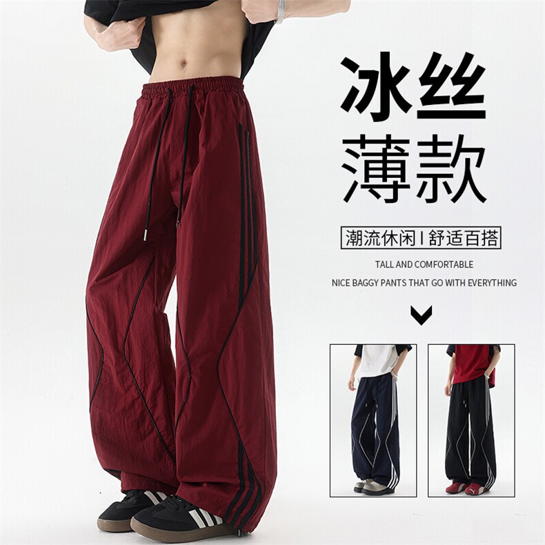 美式高街条纹裤子男夏季冰丝宽松冲锋户外工装伞兵阔腿裤KZ047P55图片