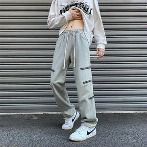 美式复古裤子设计感高级感拉链拼接牛仔裤男直筒裤图片